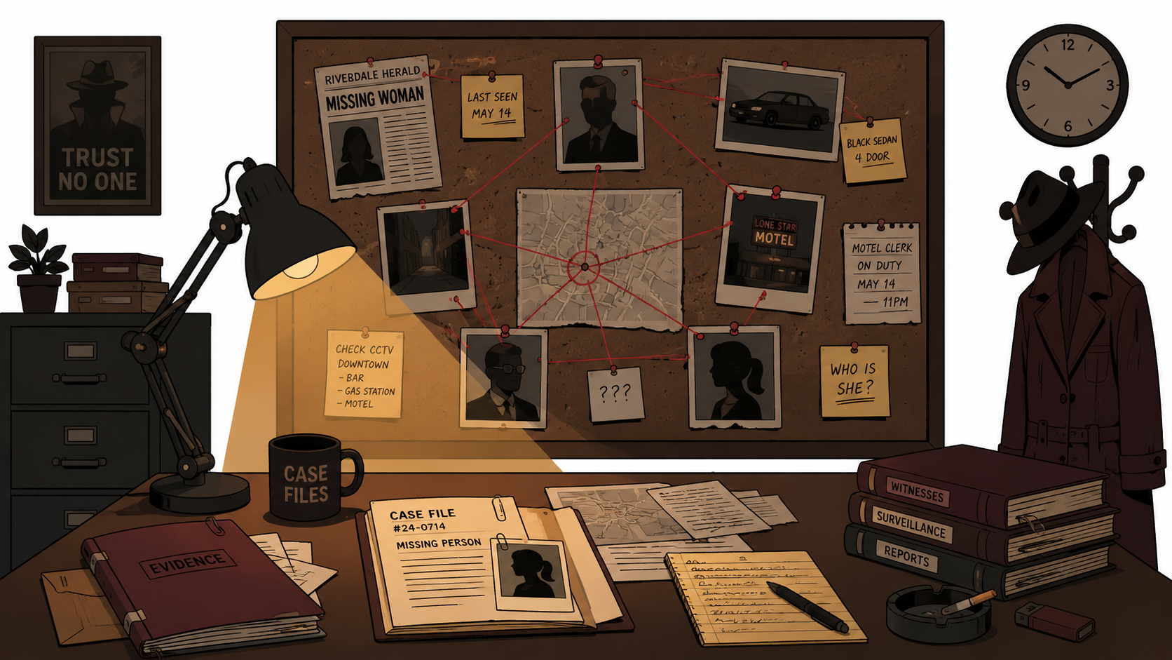 Flat illustration of a detective's desk with case files, corkboard, and lamp — true crime style