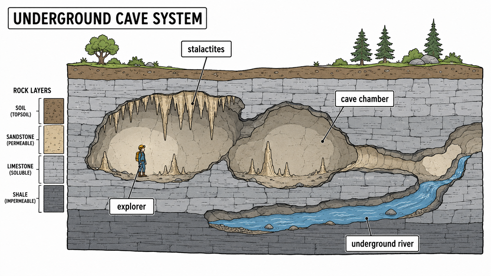 Cross-section diagram of an underground cave system with stalactites, explorer, and underground river